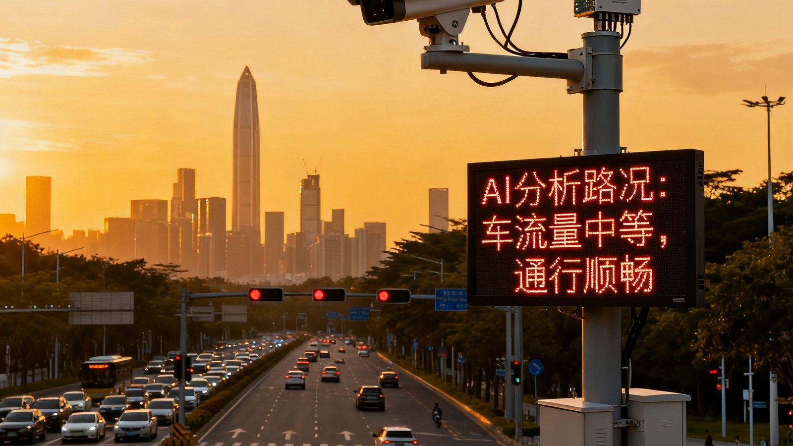 深圳福田区一个安装了SA视讯边缘计算摄像头的繁忙十字路口，摄像头杆上集成了SA-200芯片模组和5G天线，画面中车流在黄昏时分有序通行，LED交通指示屏实时显示着AI分析后的路况信息，远处是城市天际线，画面充满智慧城市的秩序感。