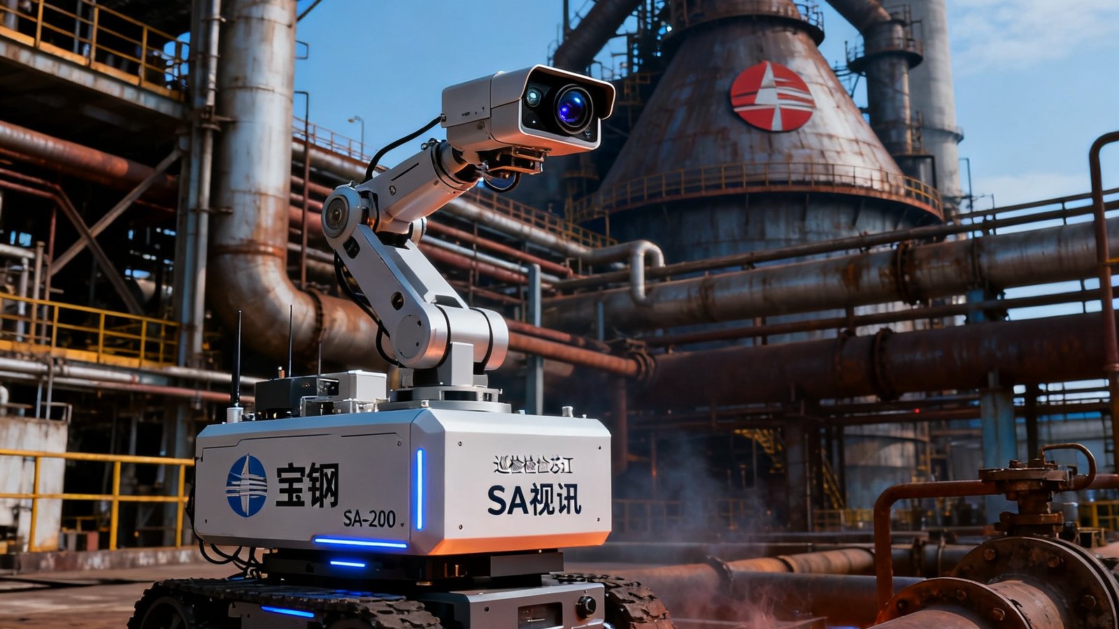 宝钢湛江基地厂区内，搭载SA-200芯片的巡检机器人正在高温管道区域执行任务，设备外壳可见宝钢和SA视讯的品牌标识，机器人的机械臂搭载高清和红外双模摄像头，背景是钢铁厂标志性的高炉和管道网络，画面充满重工业的力量感。